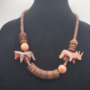Vinyage Wood Handcrafted Zebra And Rhino Animal Bead Necklace - Brown